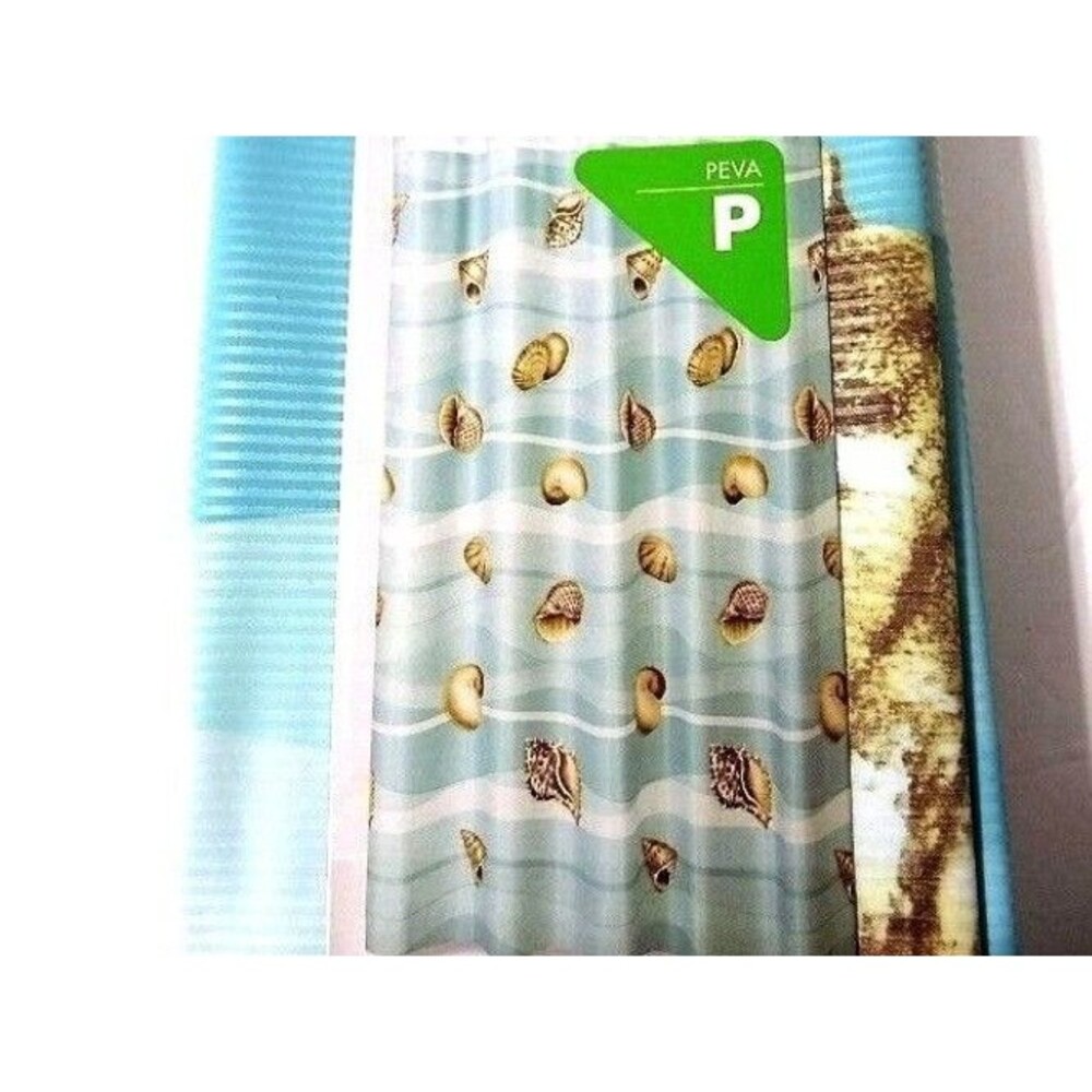 Shell Stripe Vinyl Shower Curtain Nautical Ocean Sea Blue Tan Waterproof Bath